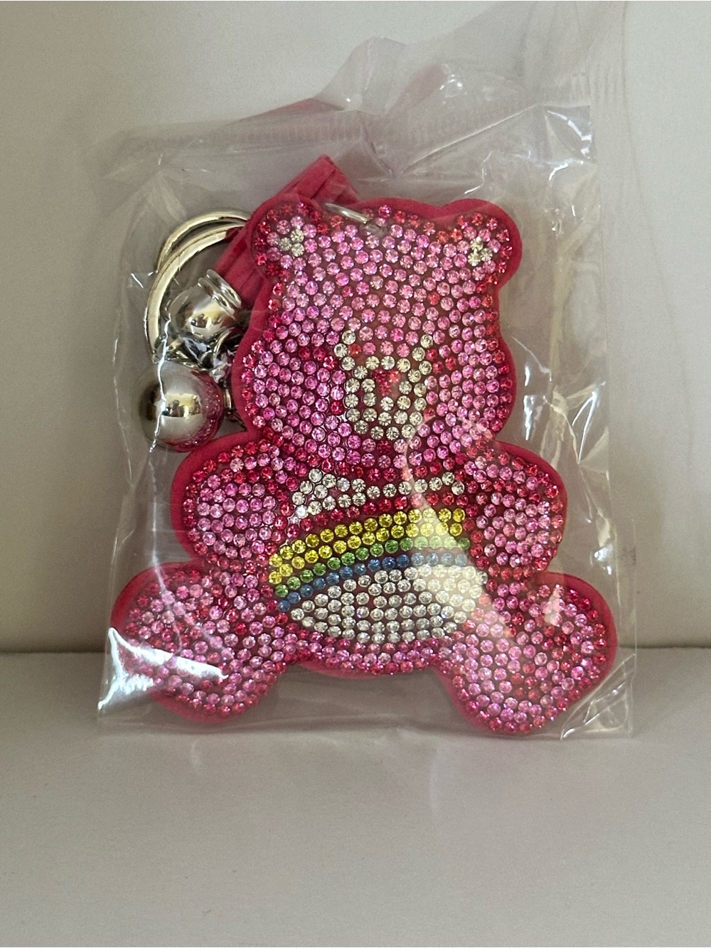 Pink Care Bear Rhinestone Keychain with Rainbow Accent